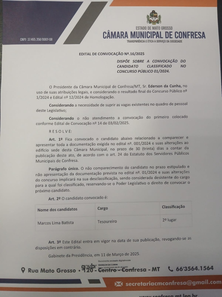 Convocação de servidor através do Edital Nº16/2025